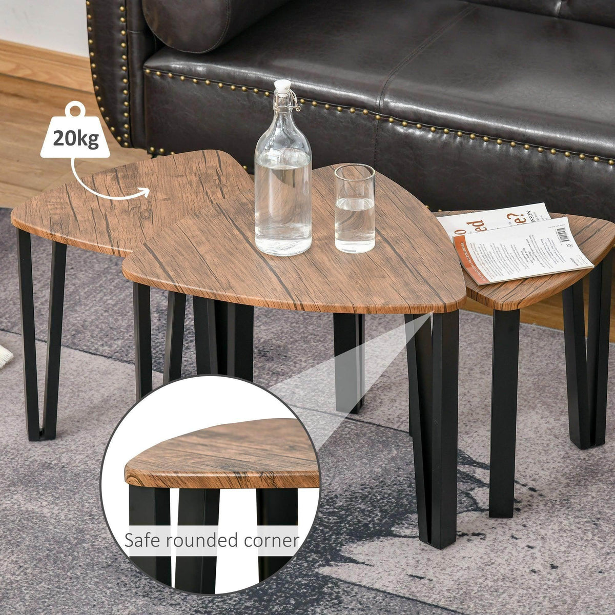 Walnut-tone coffee table with safe rounded corners and black steel legs
