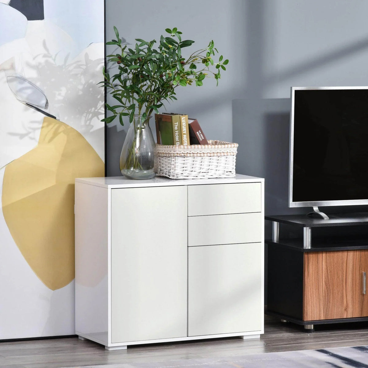 White storage cabinet with 2 drawers and 2-door storage, flat top and metal handles