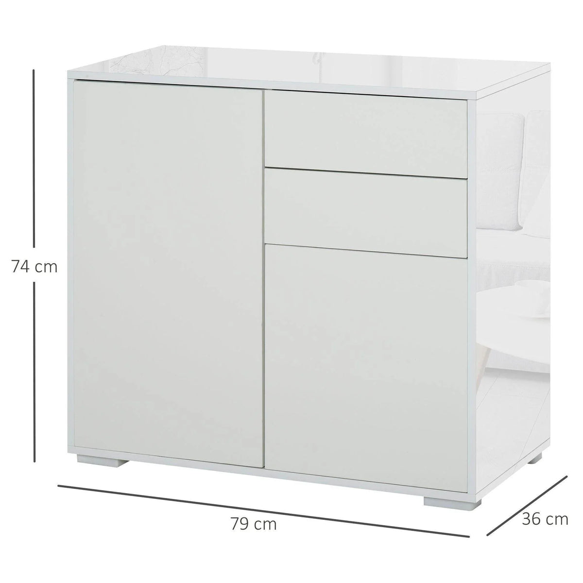 White storage cabinet with double doors and drawers, rectangular design and slim legs