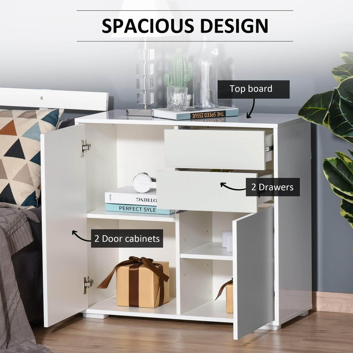 White storage cabinet open to show two drawers and two door compartments
