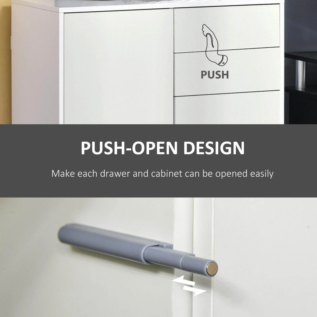 White cabinet front with push-open drawer and door design, smooth panel finish