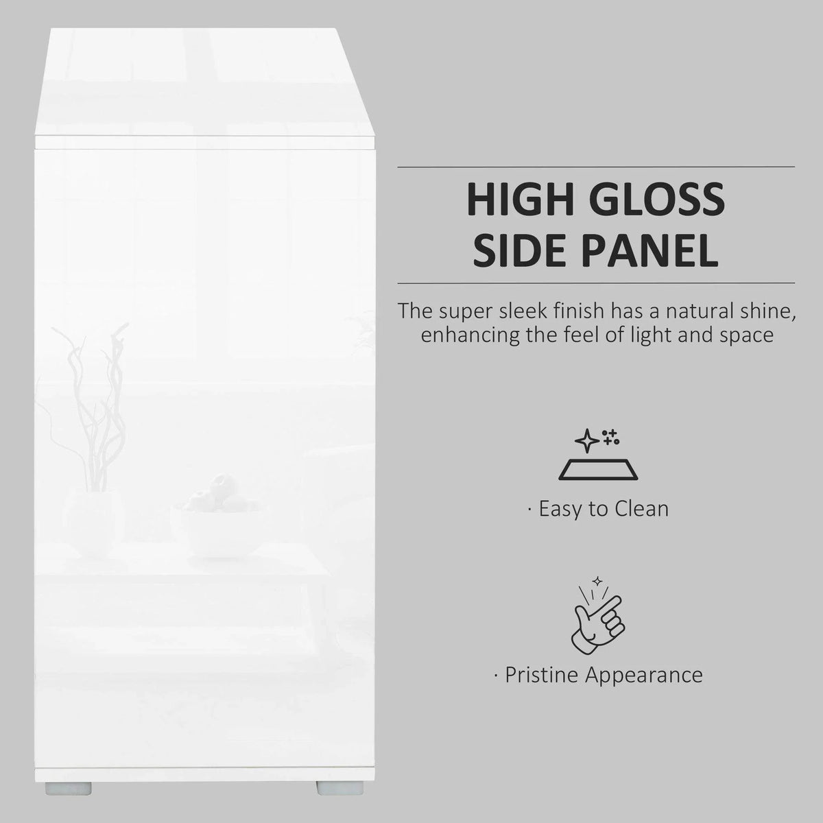 White high-gloss side panel of a storage cabinet with clean, seamless edges
