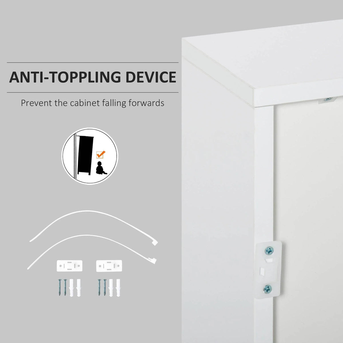 White storage cabinet corner with anti-toppling wall bracket and mounting hardware