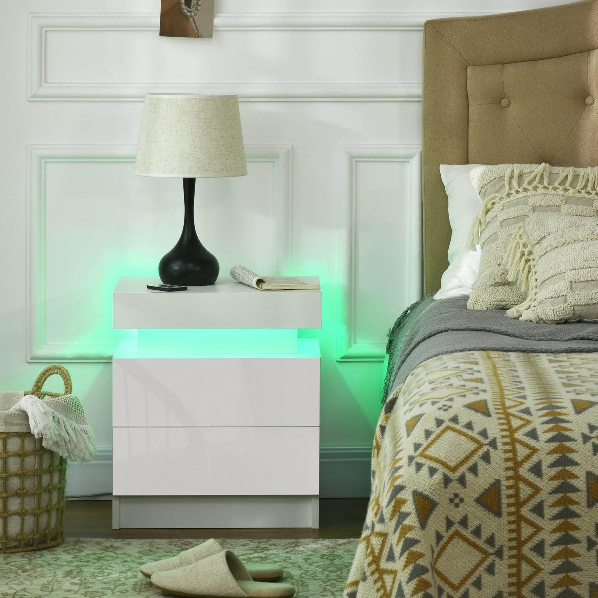 White bedside table with drawer and green LED light strip glowing under the top