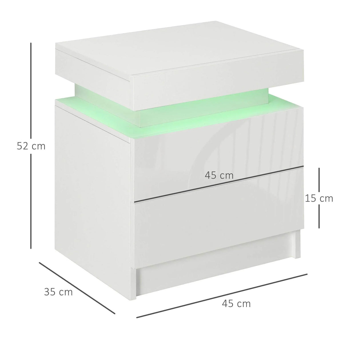 White bedside table with RGB LED light strip and two drawers, front angled view