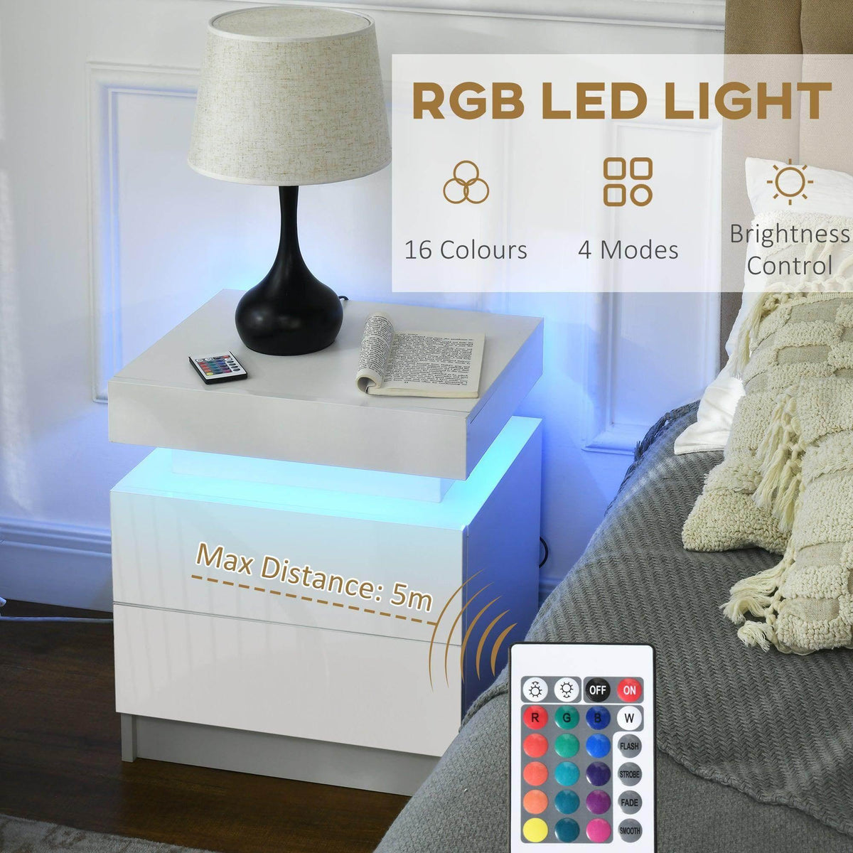 White bedside table with RGB LED light strip and remote, drawer and glowing bottom panel