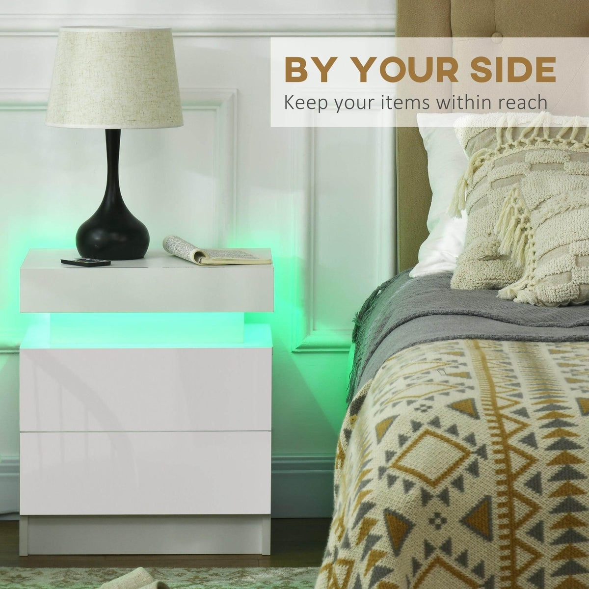 White bedside table with drawer and green LED light strip under the tabletop