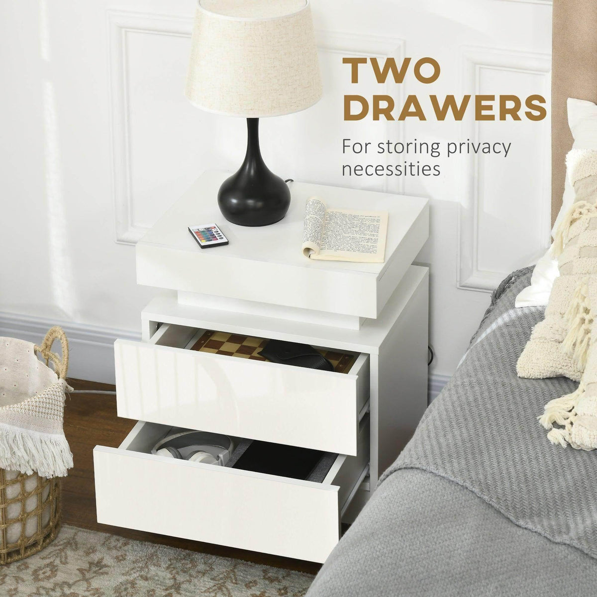 White bedside table with two drawers and open shelf storage, LED glow under top