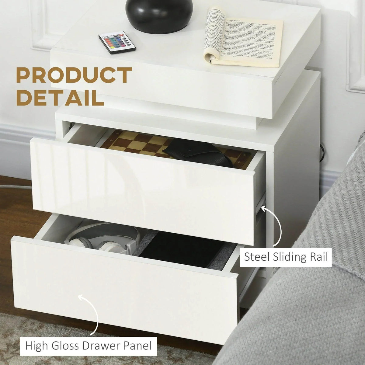 White bedside table open drawers showing steel sliding rail and high-gloss drawer panel