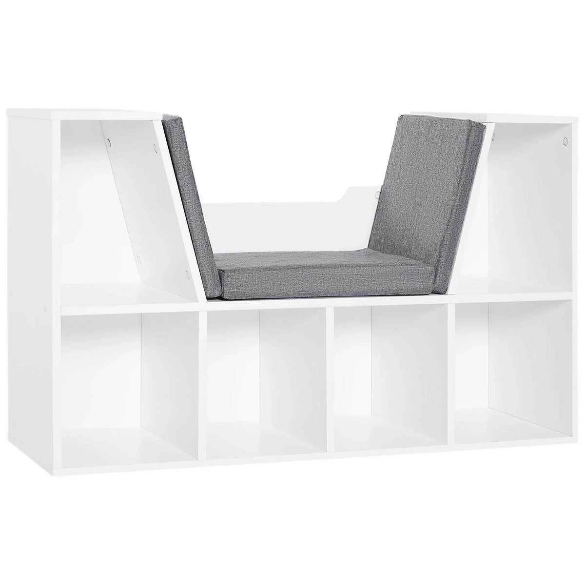 White bookcase storage bench with gray upholstered cushion and open cubby shelves