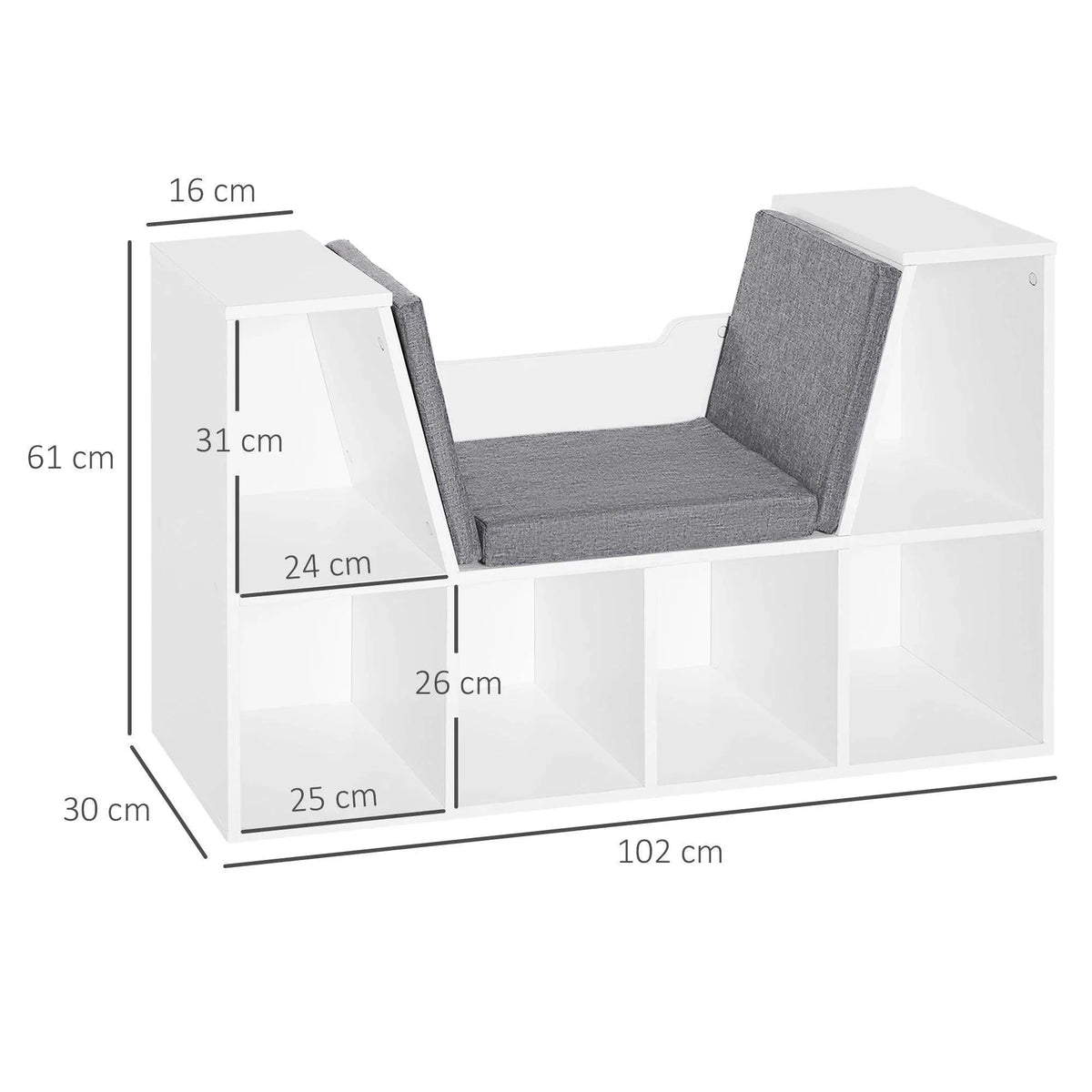 White bookcase storage seat with gray cushion seat and backrests over open cubbies