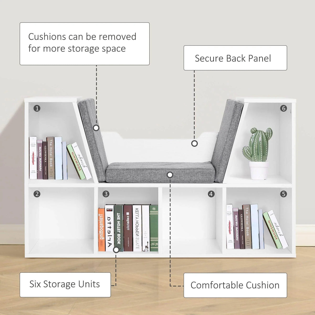 White bookcase storage bench with removable-style gray cushions and open storage compartments