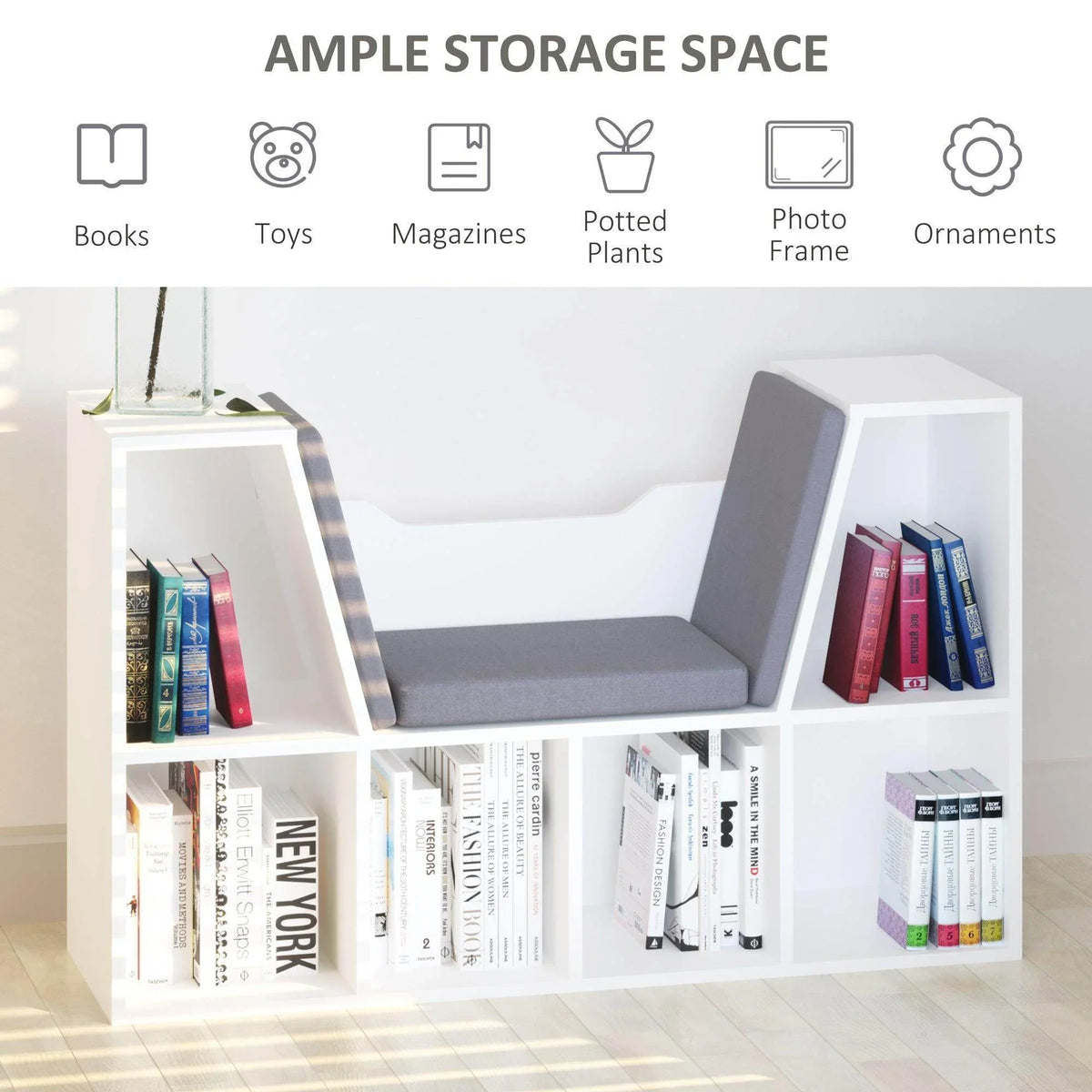 White bookcase storage bench with gray cushion and multiple open cubby shelves