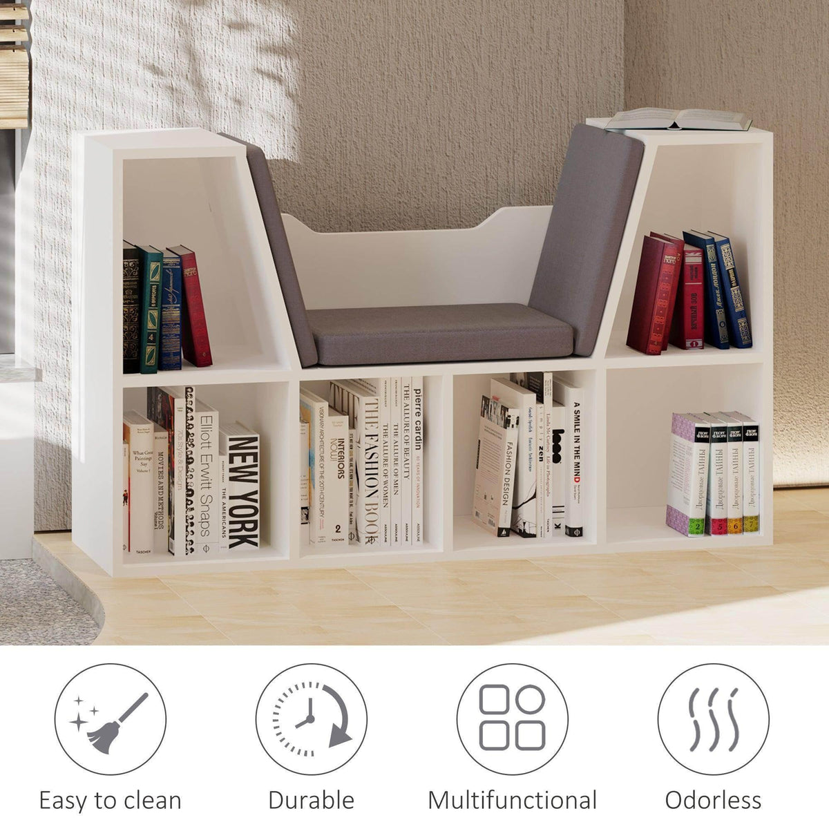 White bookcase storage bench with gray cushion and open compartments holding books