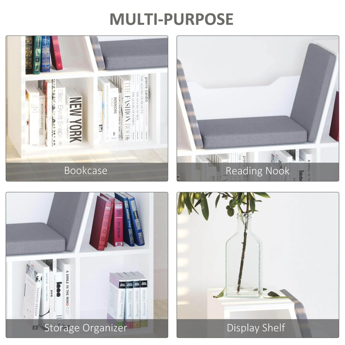White bookcase storage bench with gray cushion and open cubby storage