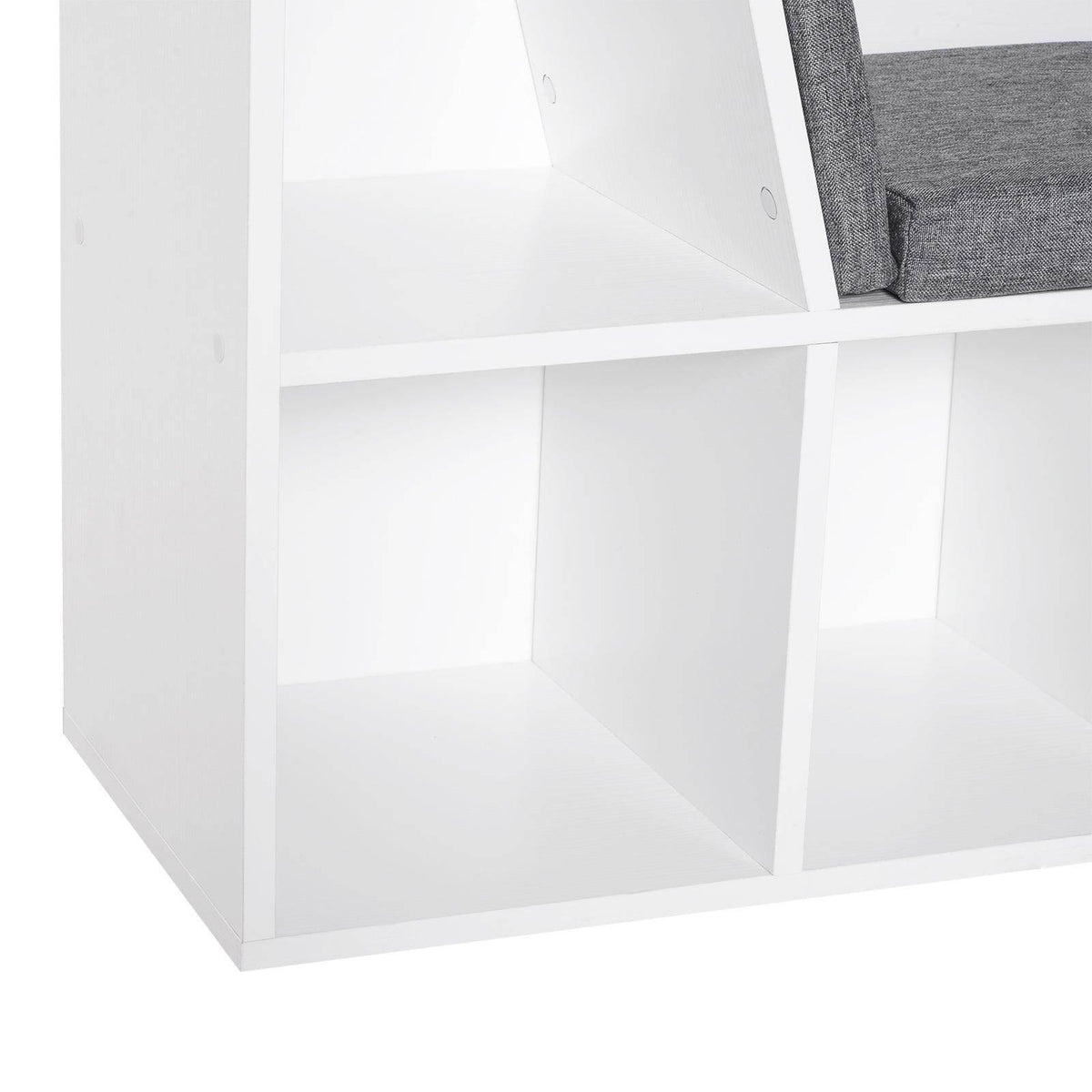 White cubby shelves with gray cushion seat and backrests on bookcase storage bench