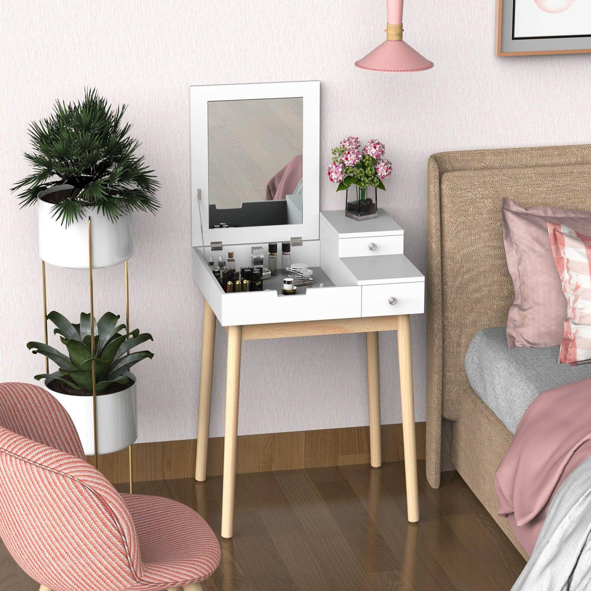 White dressing table with flip-up mirror and two drawers, light wood legs