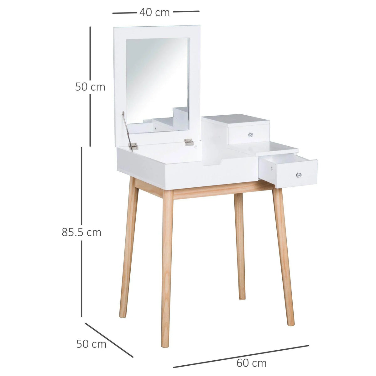 White dressing table desk with flip-up mirror and two drawers; dimensions shown