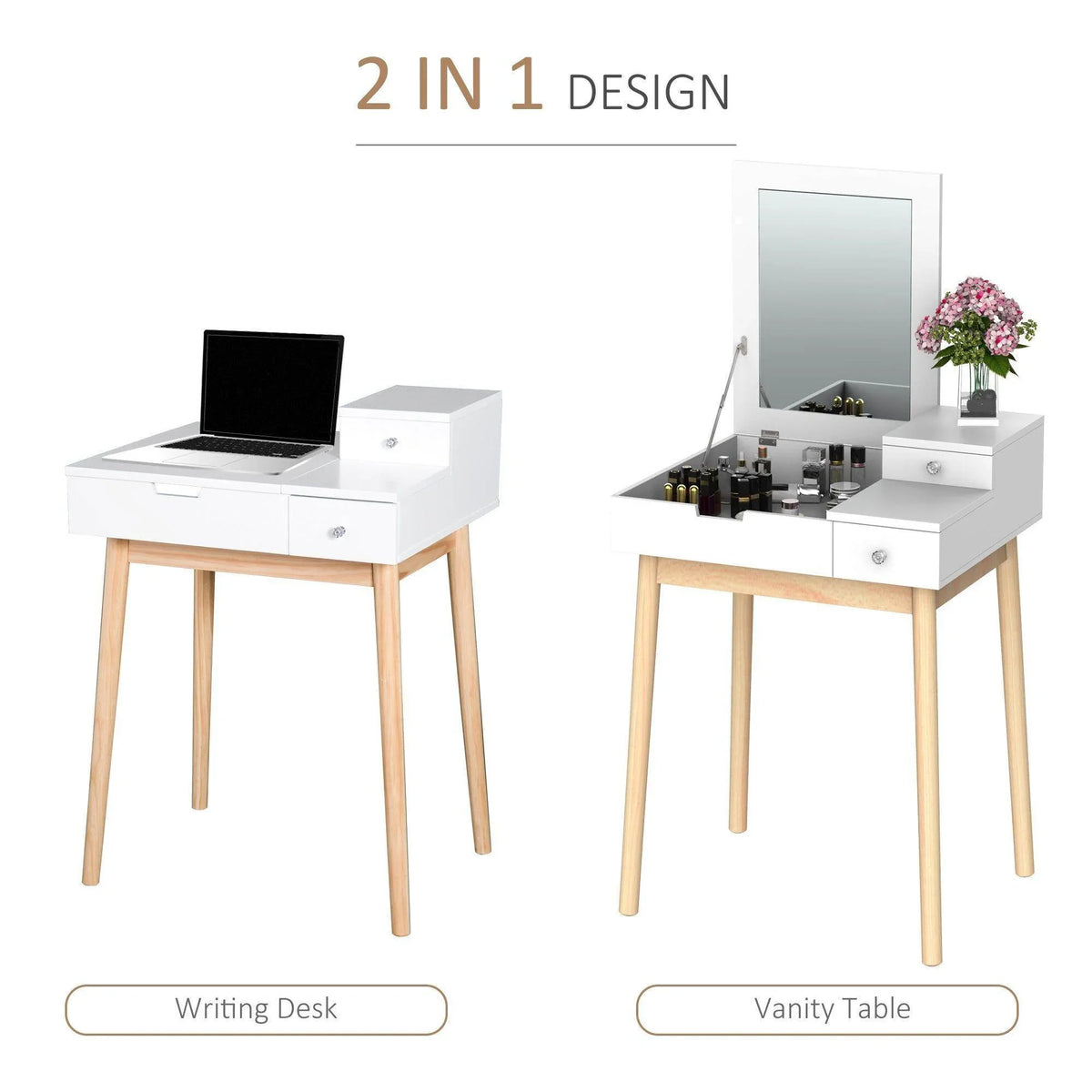 White vanity table desk with flip-up mirror and drawer storage on wood legs