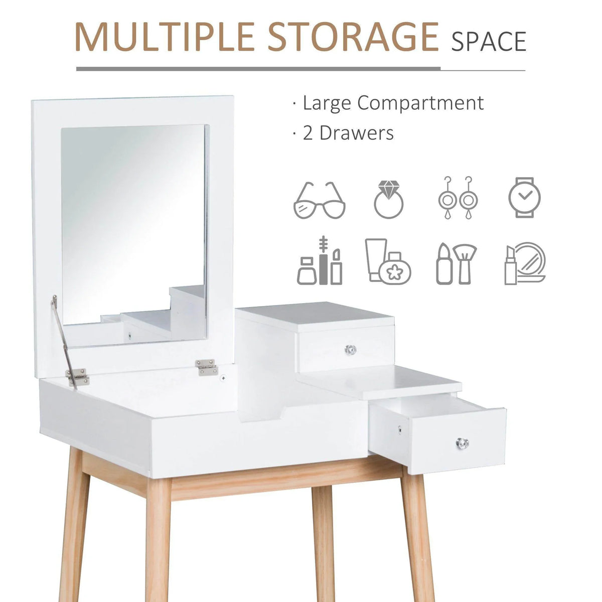White vanity table with flip-up mirror, large compartment, and two drawers