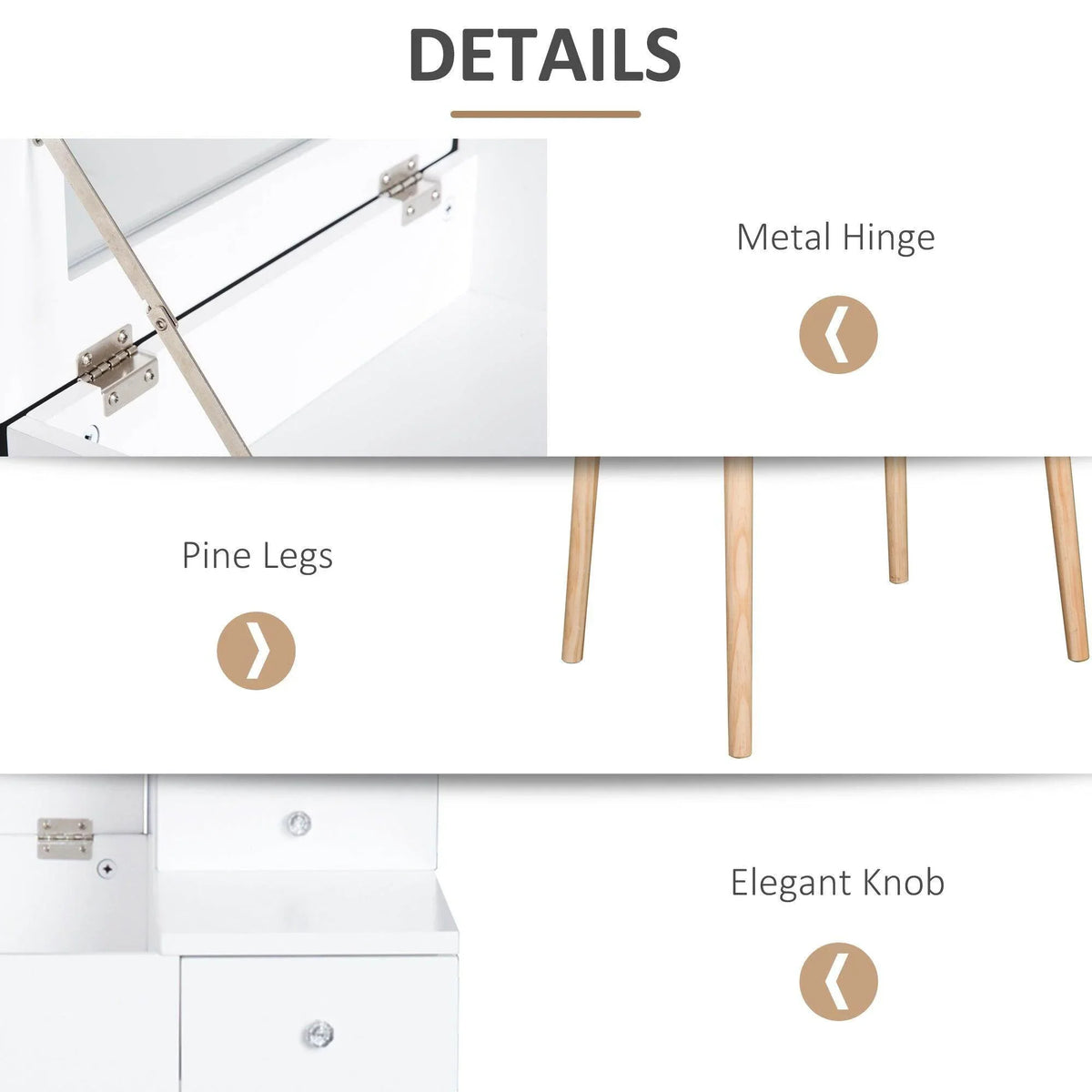 White dressing table details: metal hinge, pine legs, and round drawer knobs