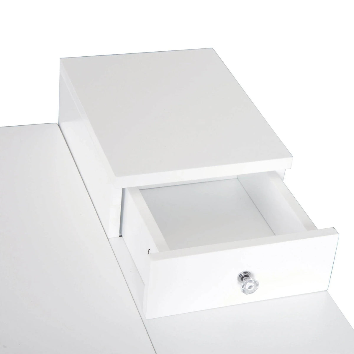White flip-up mirror dressing table with open storage compartment and drawer