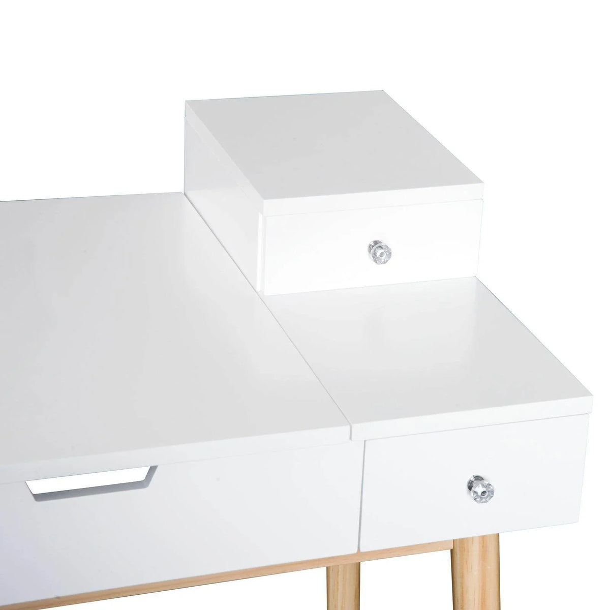 White dressing table with open flip-up mirror and two stacked drawer fronts