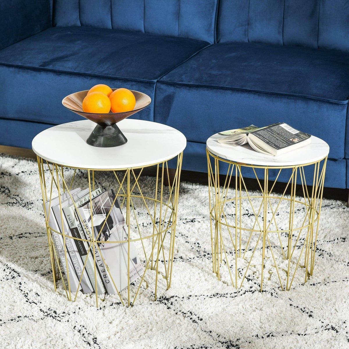 Set of 2 round white nesting side tables with gold wire-frame storage baskets