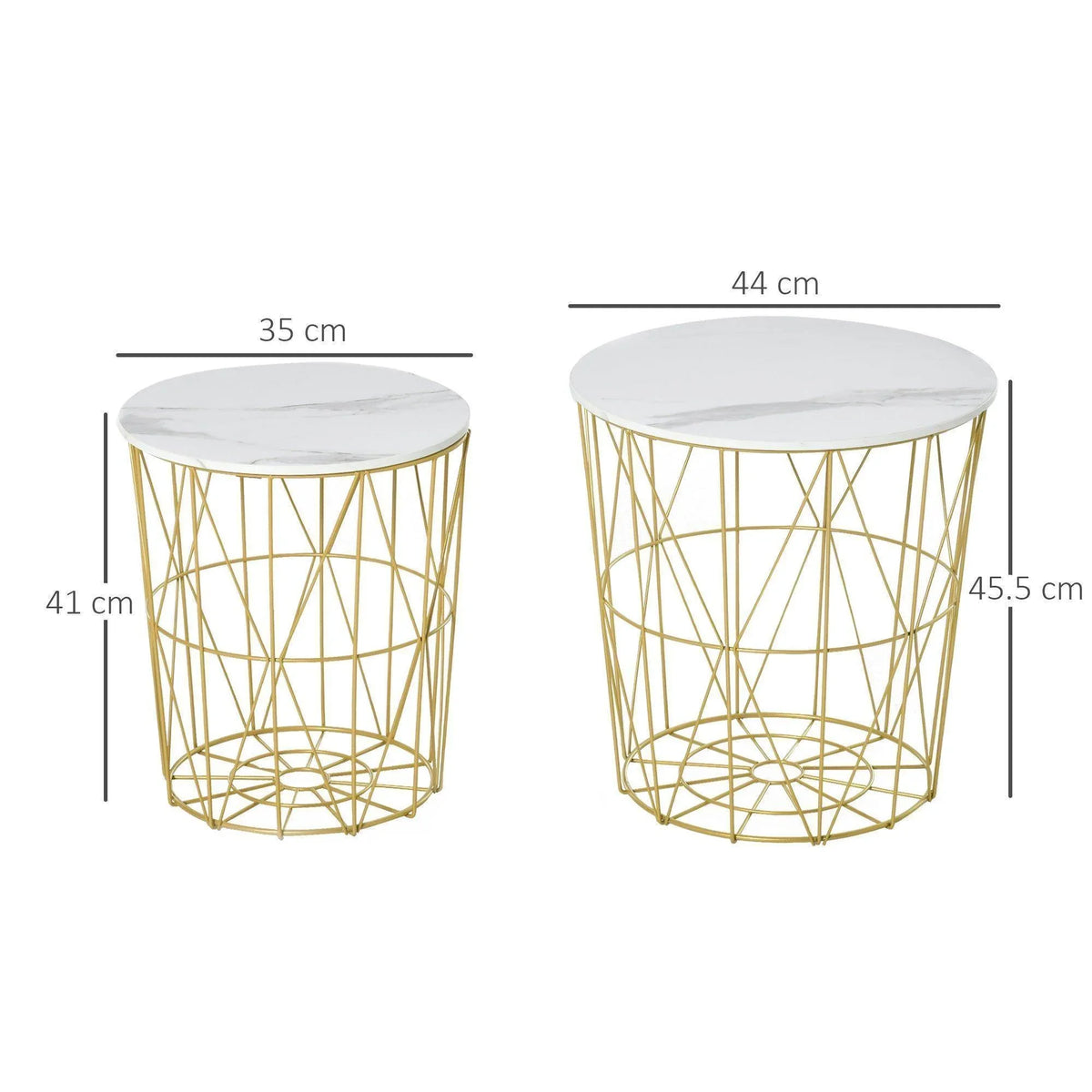 Round white side table with gold wire cage frame and top, nesting size shown