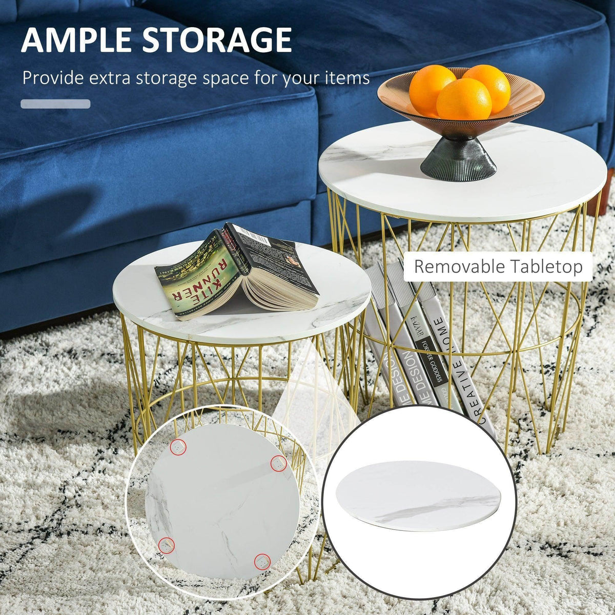 Round white nesting side table with removable tabletop and gold wire storage frame