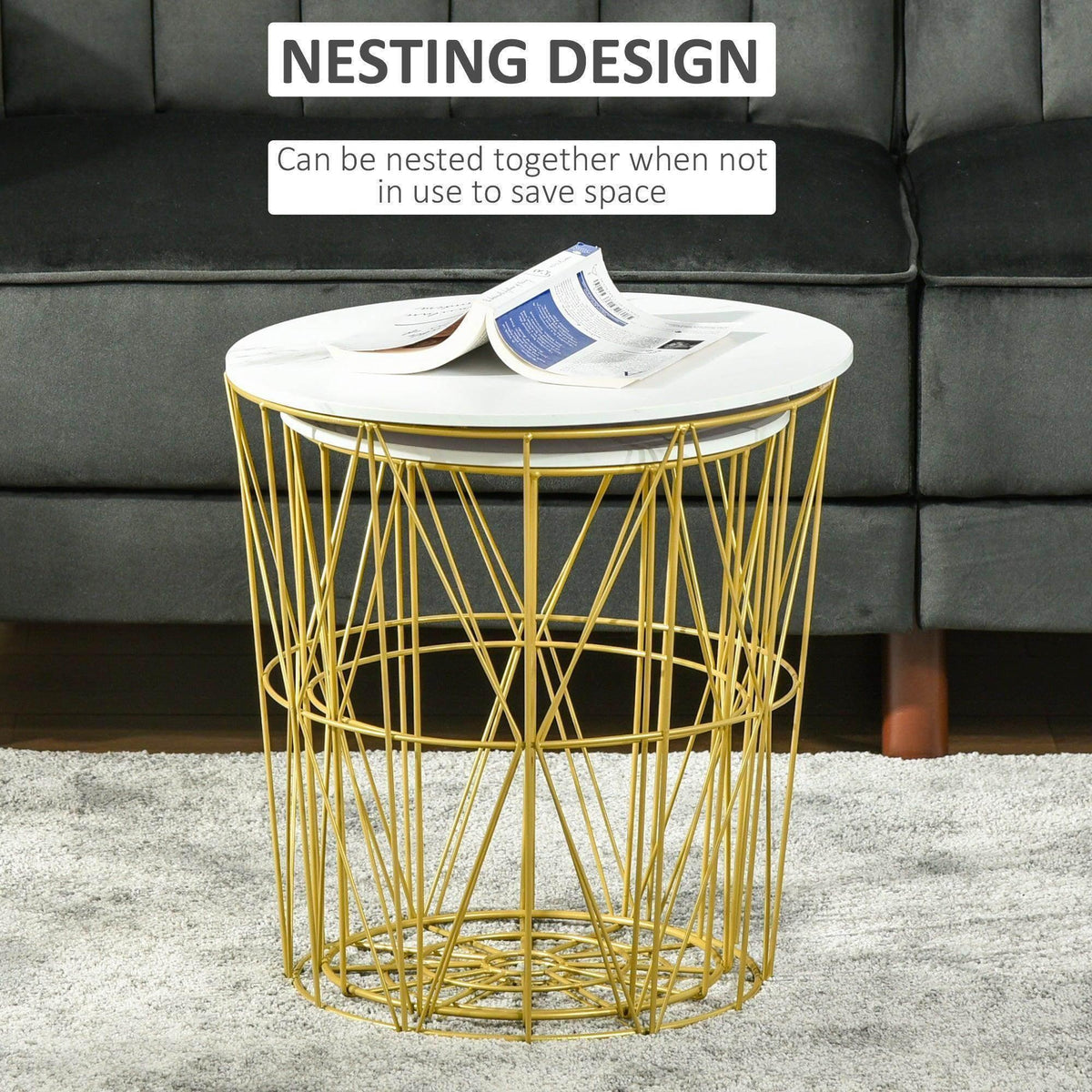 Round white nesting side table with gold wire-frame sides and storage basket base