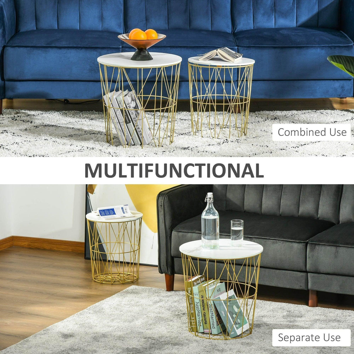 Two round white nesting side tables with gold wire-frame storage baskets