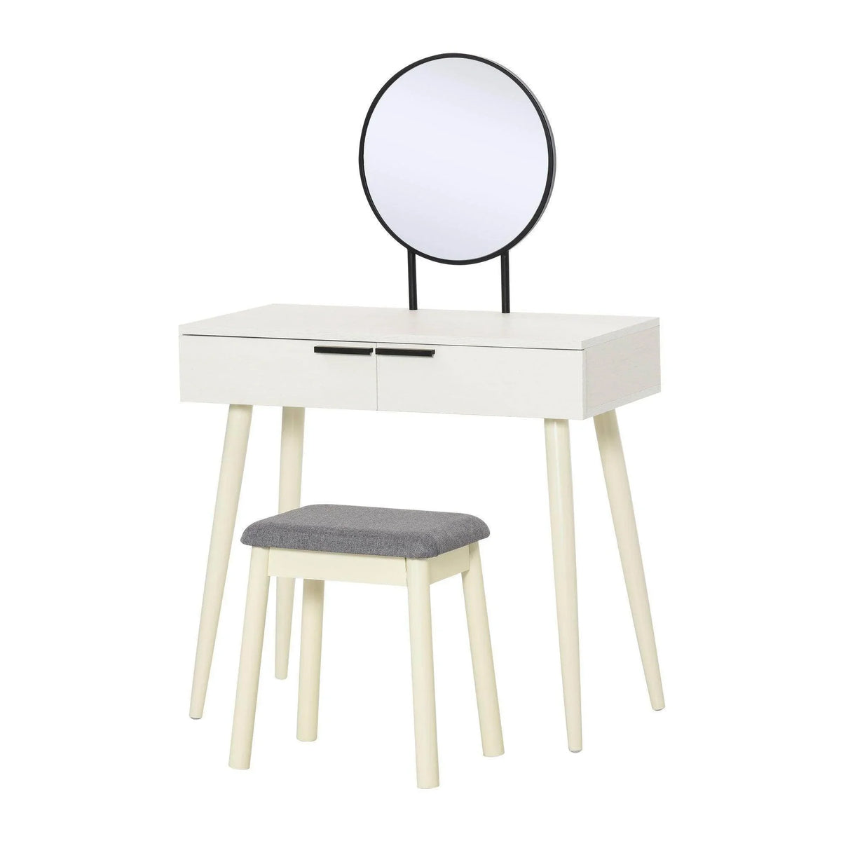 White vanity table set with oval mirror and gray cushioned stool