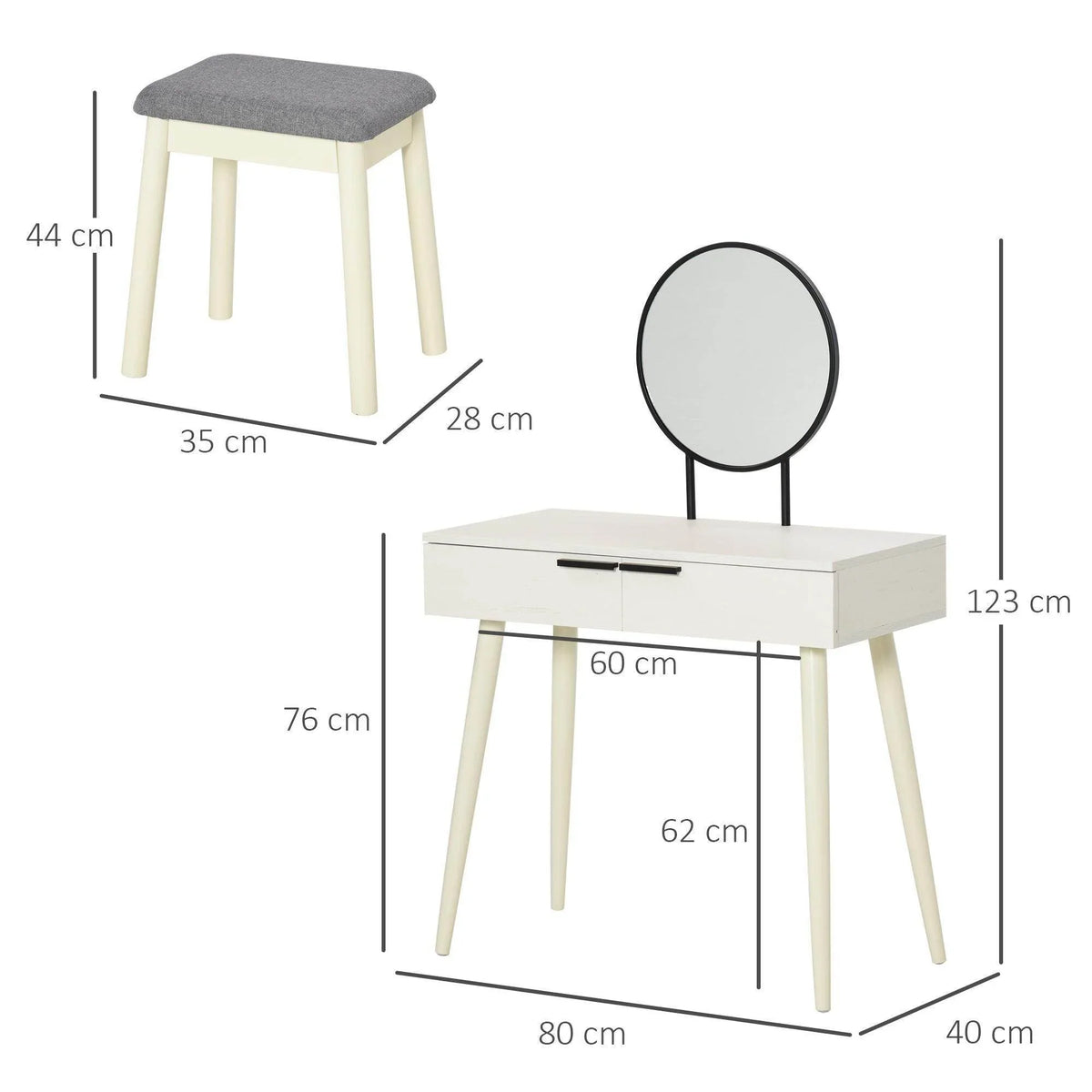 White vanity table with round mirror and gray padded stool, size overview
