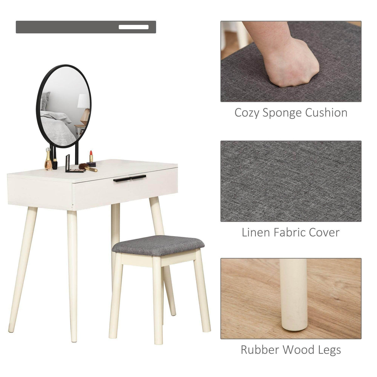 White vanity table with round mirror and gray stool cushion; wood legs detail