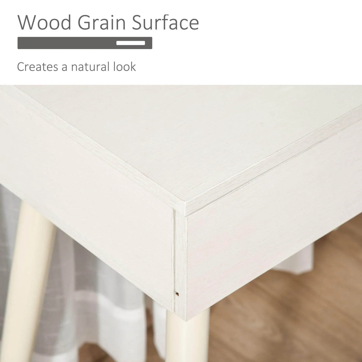 White vanity table corner with wood-grain surface and clean joinery
