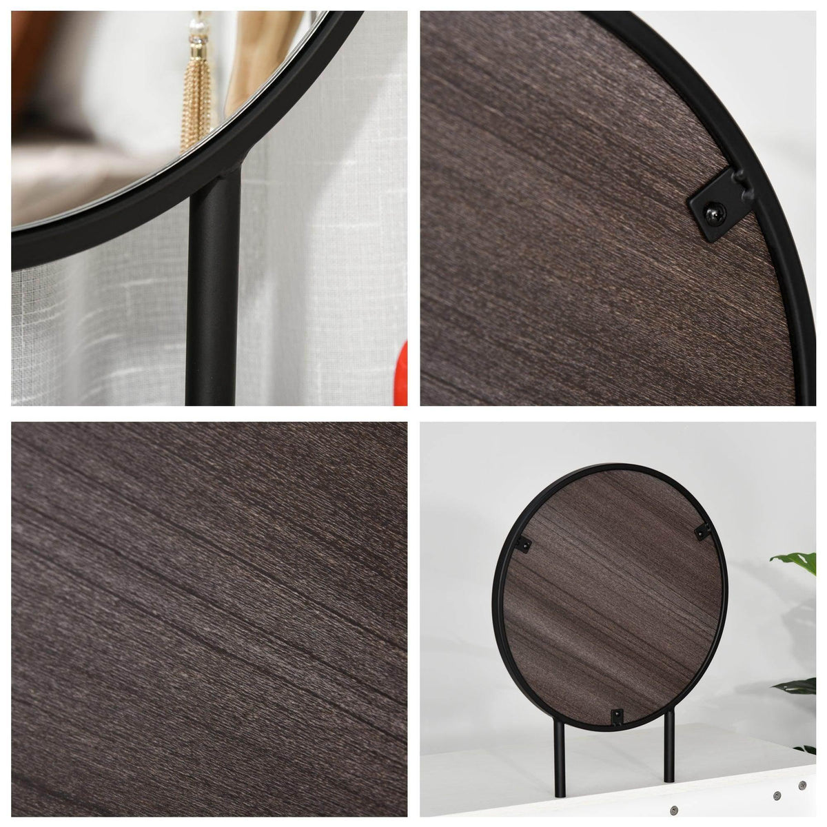 Round mirror with black frame and gray fabric cushion, mounting hardware detail