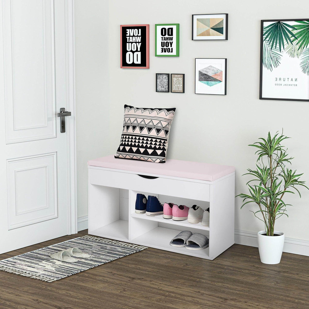 White and pink wooden shoe cabinet bench with open shelves and cushioned seat