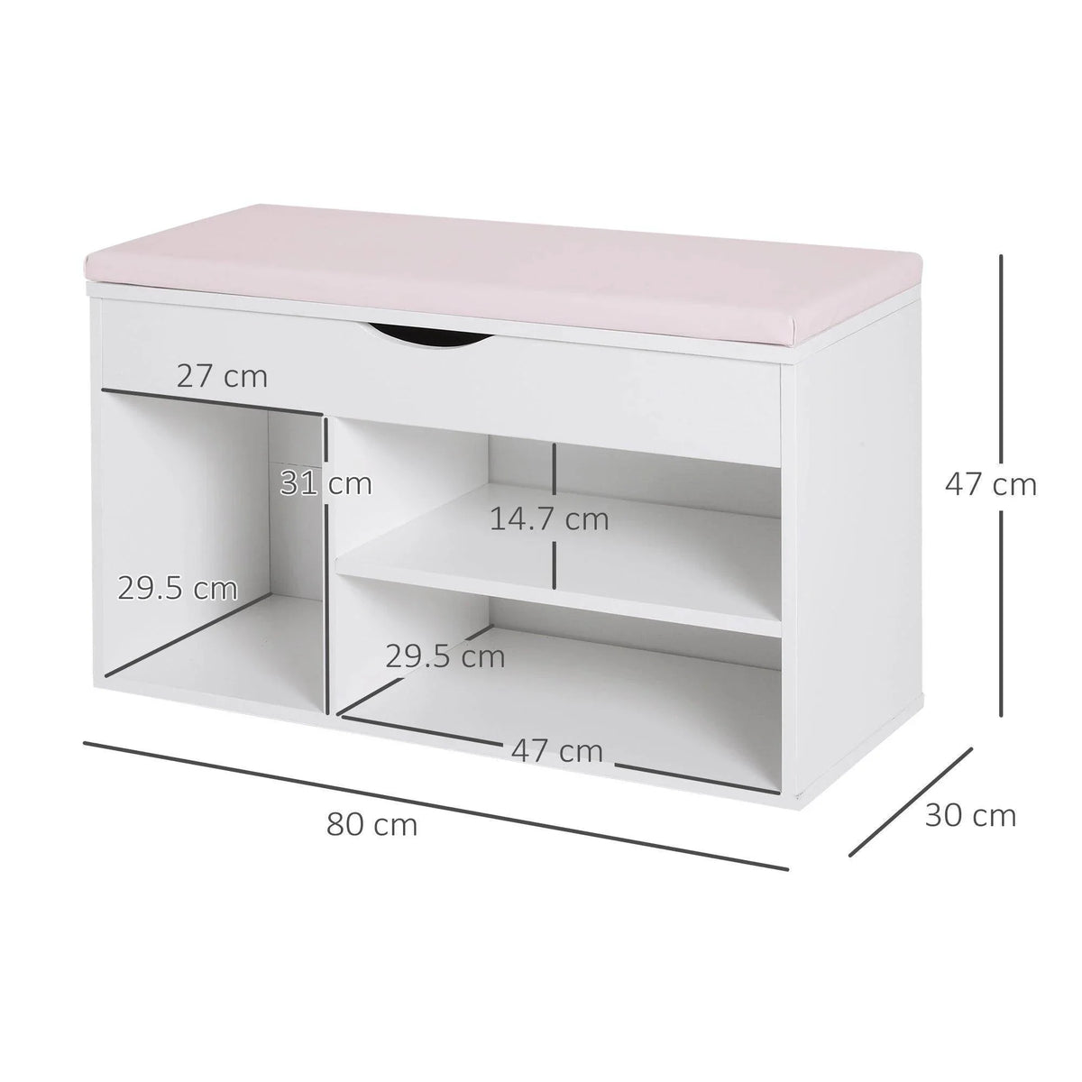 White shoe cabinet bench with pink seat cushion and hidden lower compartments