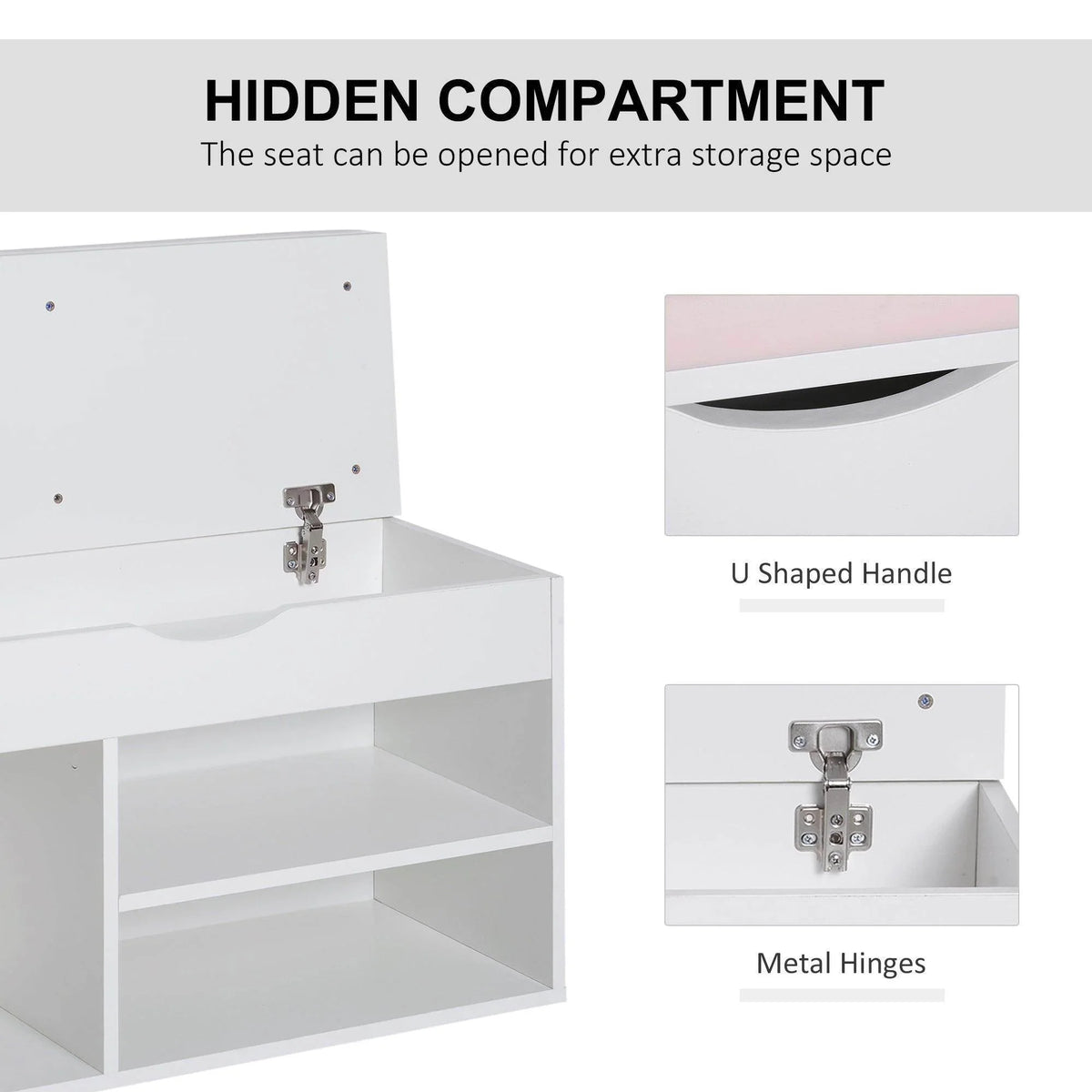 White wooden shoe cabinet bench with hinged hidden compartment and U-shaped metal handle