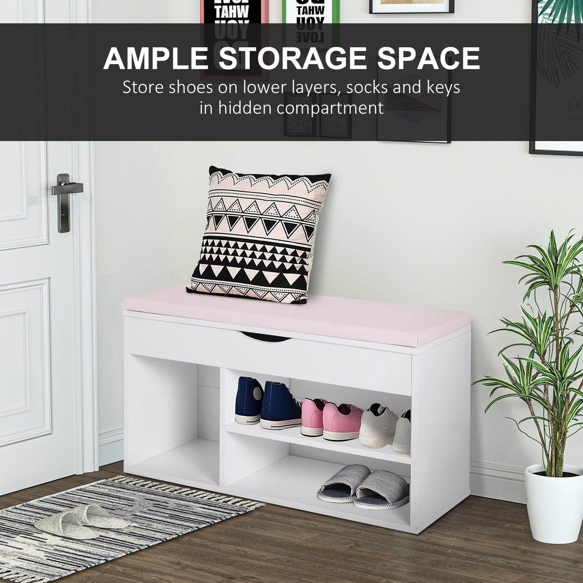White shoe cabinet bench with pink cushioned top and open shoe storage shelves