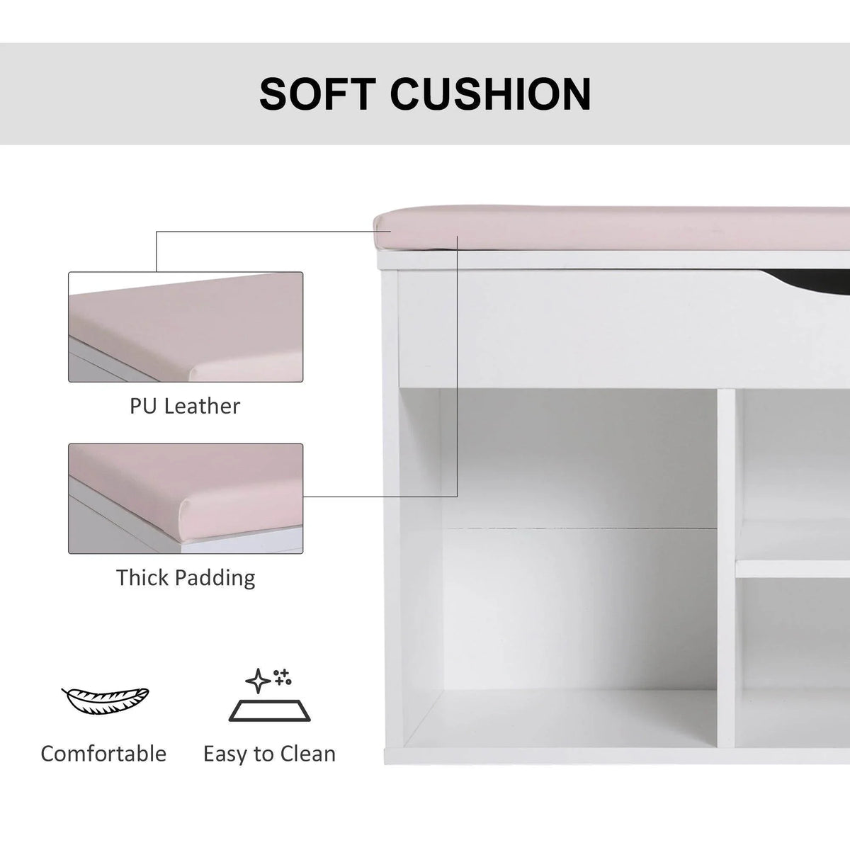 White wooden shoe cabinet bench with thick pink PU leather cushion and easy-to-clean padding