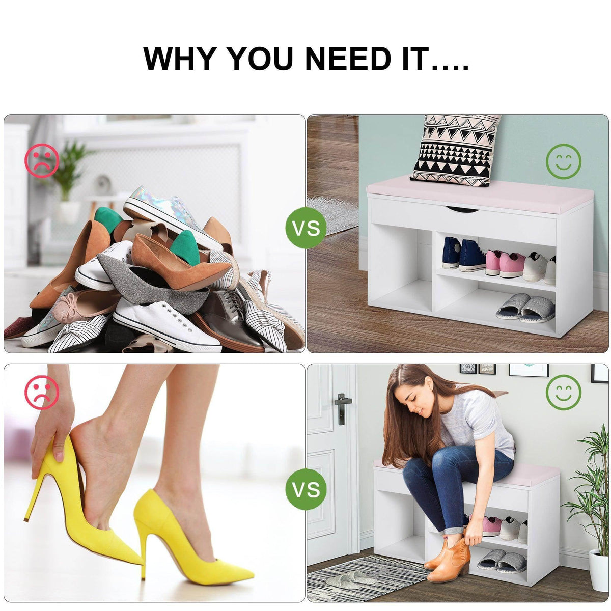 White shoe cabinet bench with cushioned seat and concealed storage for shoes and small items