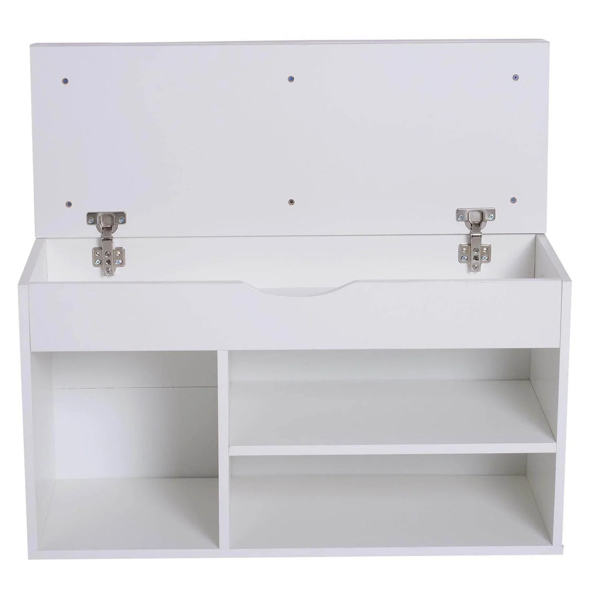 White wooden shoe cabinet bench with open compartments and metal hinges on the lid