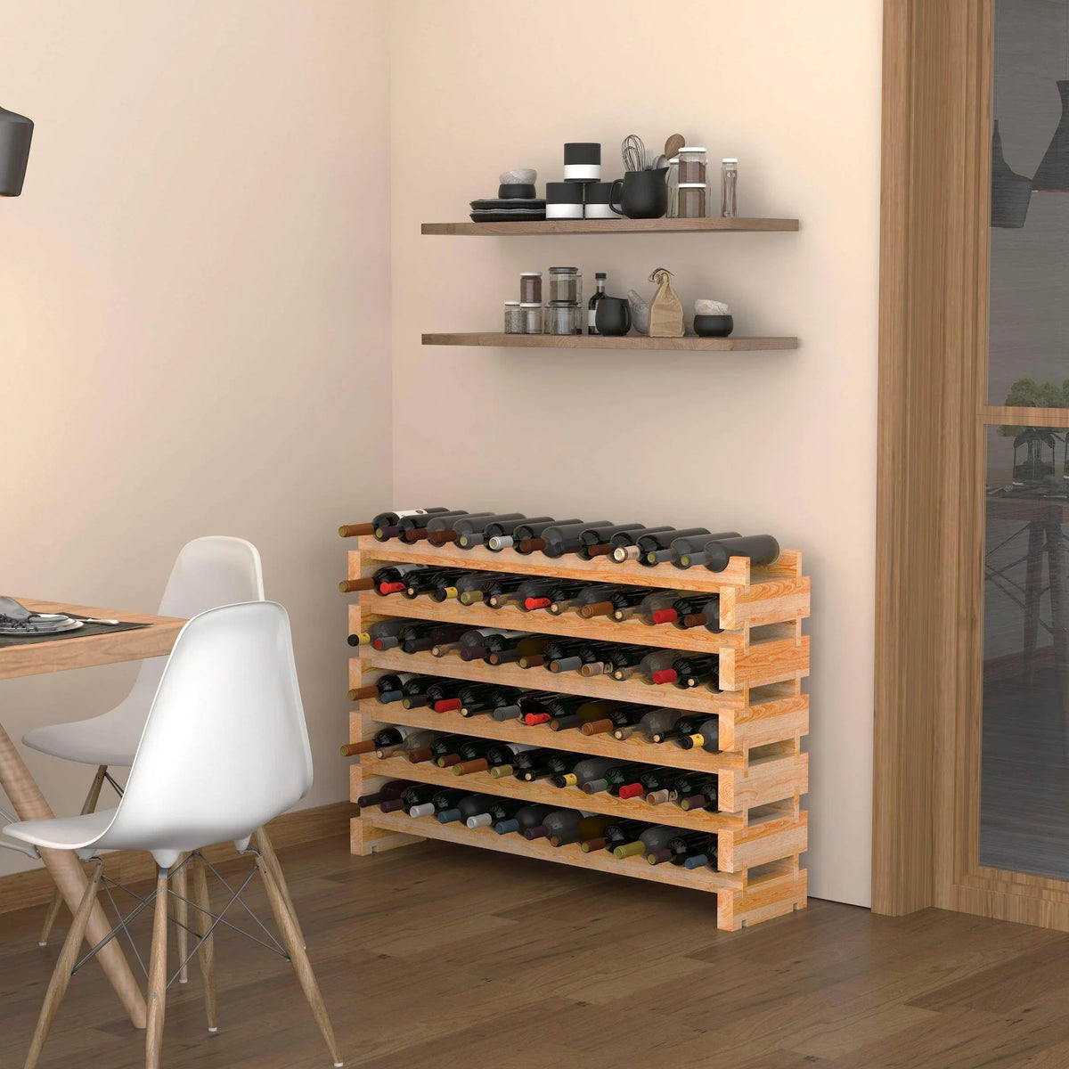 Light wood stackable wine rack holding bottles in horizontal scalloped tiers