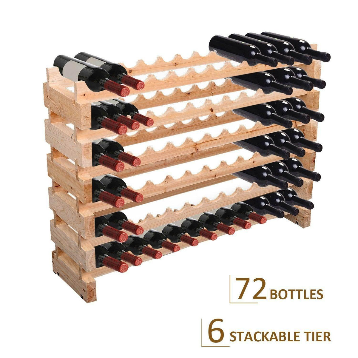 Light wood wine rack with 6 stackable tiers and scalloped bottle storage openings