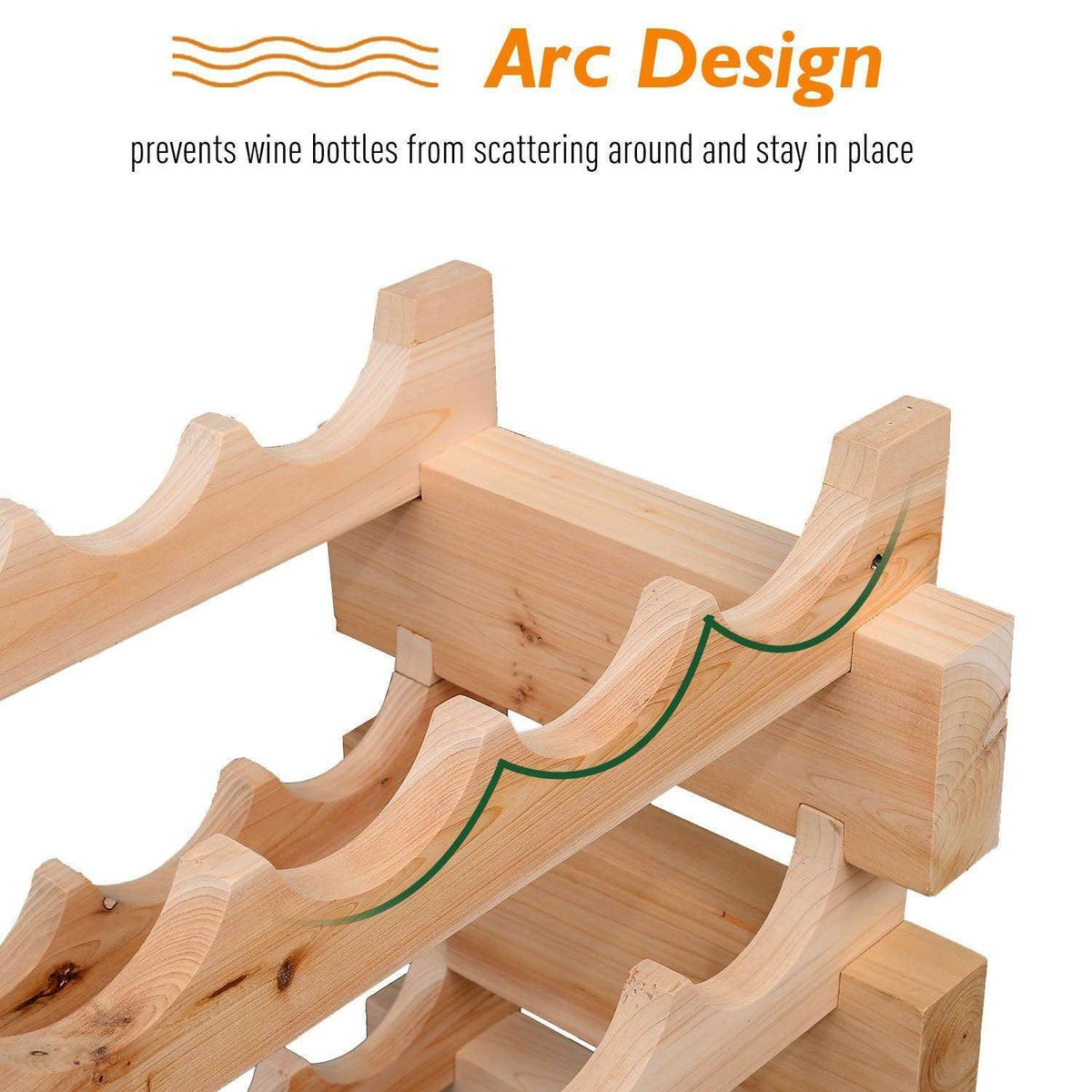 Wood wine rack with curved cradle channels to hold bottles securely in place