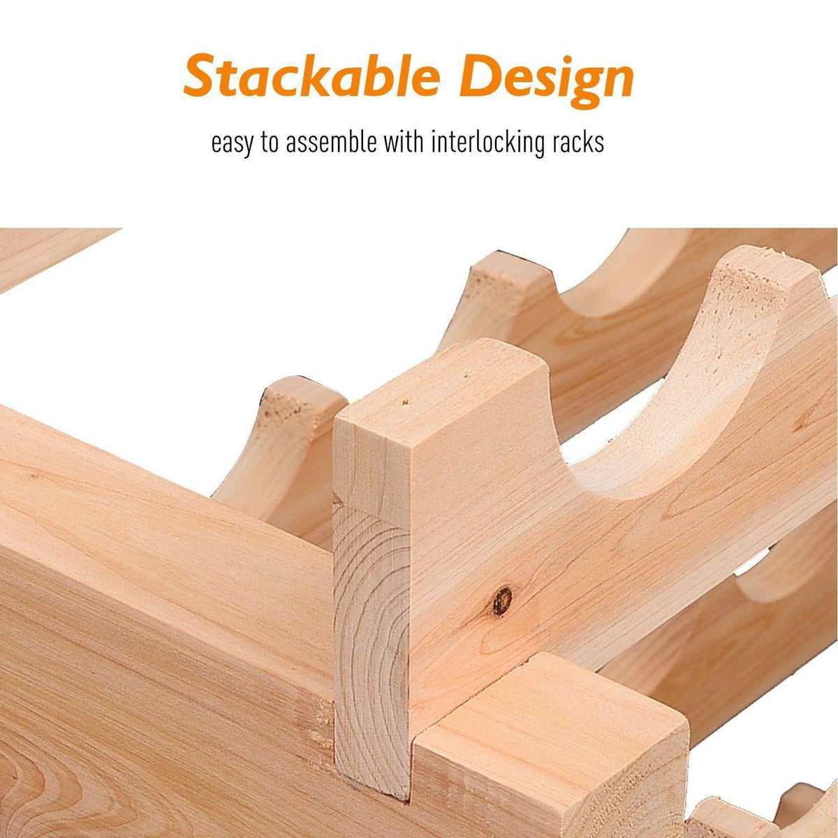 Interlocking stackable wine rack connector blocks with scalloped bottle slots