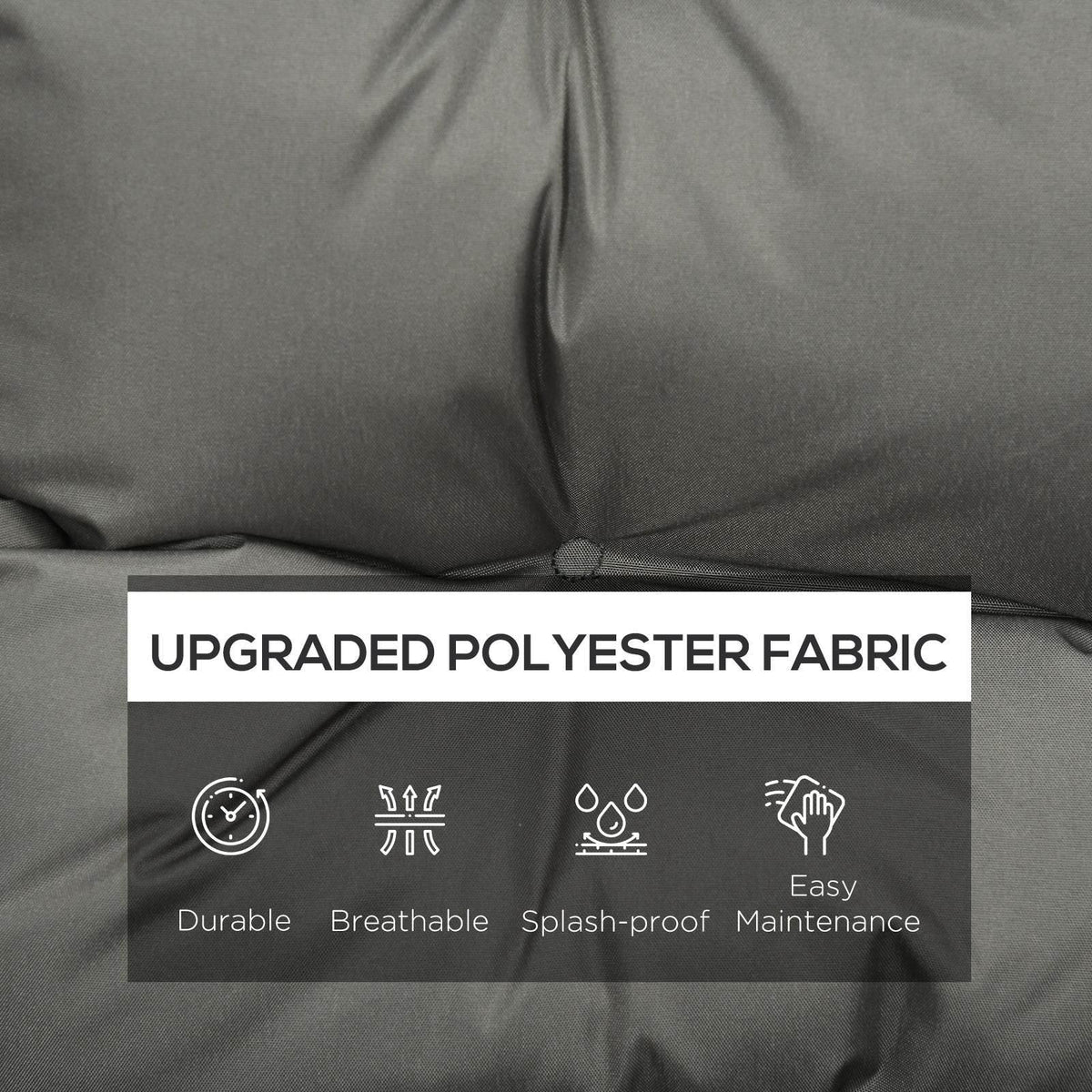 Light grey polyester chair cushion fabric with stitched seams and tufted padding