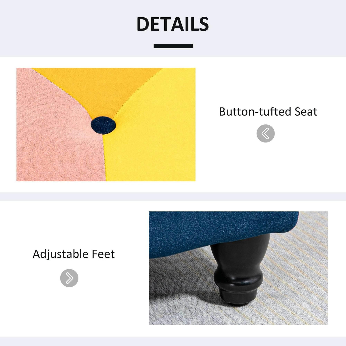 Button-tufted velvet seat detail on patchwork storage ottoman with adjustable feet